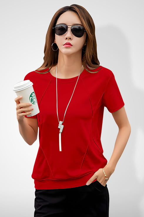 Women Red Round Neck Half Sleeves T-Shirt
